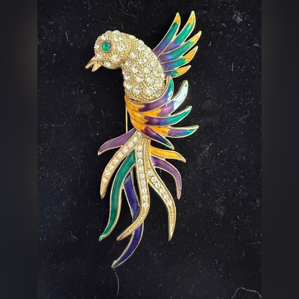 Gold-Tone Multicolor Parrot Brooch Pin with Crystals